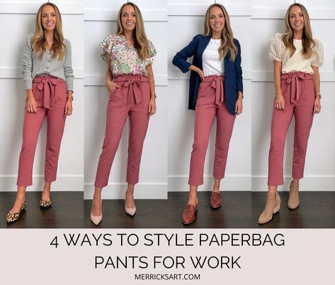 How to Wear Paper Bag Pants for Work - Merrick's Art Drawstring Pants Outfit Work, Outfits With Paper Bag Pants, Pink Paper Bag Pants Outfit, What To Wear With Paper Bag Pants, Womens Work Outfits 2023, Paper Pants Outfits, Styling Paper Bag Pants, How To Wear Paper Bag Pants, How To Style Paper Bag Pants