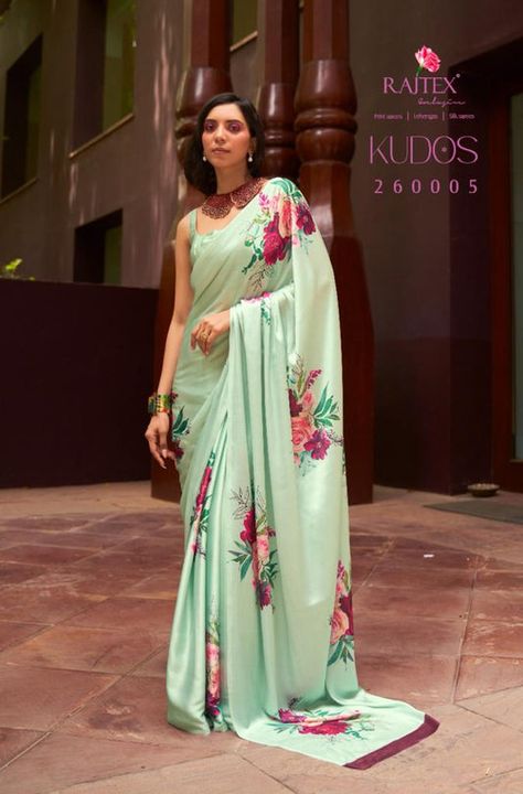 Saree Party Wear, Floral Saree, Designer Kurti Patterns, Crepe Saree, Party Wear Saree, Satin Saree, Green Saree, Party Kleidung, Tussar Silk Saree