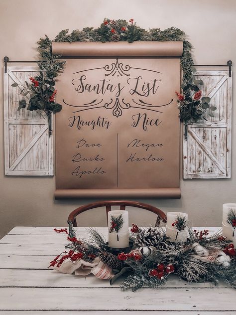 Kirklands Christmas Tree, Christmas Scroll Sign, Christmas Grotto Ideas Diy, Santa Workshop Decorations, Santas Workshop Decoration, Santas Workshop Theme Decorations Diy, Santa Display, Christmas Scroll, Santa's Grotto