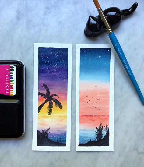 Sunset And Sunrise, Together Photo, Poster Color Painting, Handmade Bookmarks Diy, Bookmarks For Books, Watercolor Paintings For Beginners, Paper Bookmarks, Pencil Painting, Watercolor Bookmarks