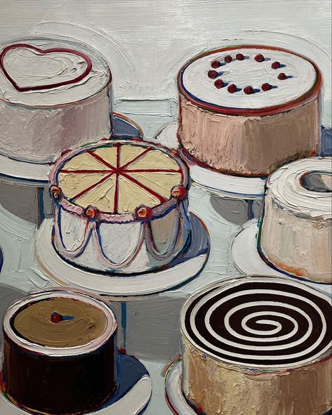 Wayne Thiebaud Cakes, Food Illustration Design, Cake Drawing, Wayne Thiebaud, Oil Painting Inspiration, Painted Cakes, So Real, Gcse Art, National Gallery Of Art