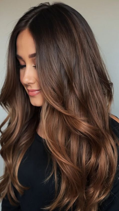 The Balayage Effect: 15 Fall Hair Colors That Shine - Cheerful Talks Fall Hair Color Ideas Balayage, Spiced Caramel Hair, Natural Brunette Hair Subtle Balayage, Tone On Tone Brunette, Brunette Hair With Ginger Highlights, Fall Baylage Hair Brunette, Highlights Brown Hair Fall, Brunette Low Maintenance Color, Dark Brown Hair Auburn Highlights