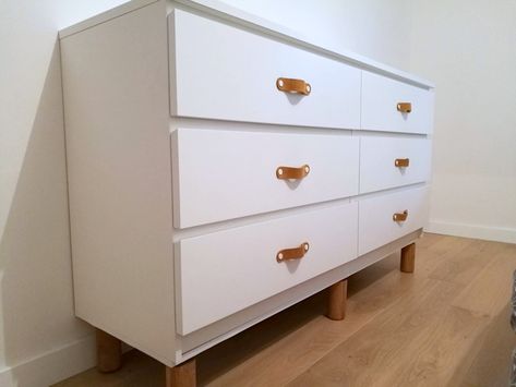 My apartment baseboards are tall and the IKEA MALM dresser wouldn't sit flush against the wall. This is how I raised the dresser over the tall baseboard. Ikea Kullen Dresser Hack, Kullen Ikea Hack, Malm Upcycle, Kullen Ikea, Commode Malm Ikea, Malm Dresser Hack, Dresser Legs, Tall Baseboards, Malm Hack