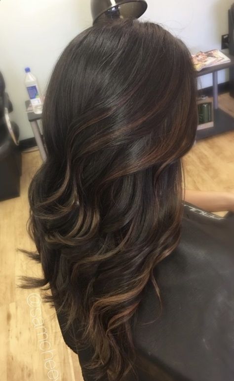 Partial Highlights Brown Hair, Brown Hair Balayage Highlights, Hair Balayage Highlights, Black Hair With Brown Highlights, Selfie Filters, Black Hair Balayage, Brown Hair Looks, Black Hair Dye, Brown Hair Inspo