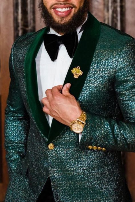 This textured tuxedo made out of a green fabric is the perfect groom attire for the person who wants something special and unique for their wedding suit. Mens fashion for weddings is extremely versatile and our favorite part of this tuxedo style is the shawl lapel tuxedo jacket. If you want this ensemble custom made for you, book an appointment with us online! Unique Tuxedos, Green Tux, Tuxedo Groom, Green Suit Men, Groom Tuxedo Wedding, Wedding Outfit For Boys, Tuxedo Colors, Custom Tuxedo, Prom Suits For Men