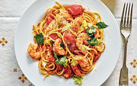 Harissa prawns with spaghetti recipe Harissa Prawns, Prawn Spaghetti, Prawn Dishes, Harissa Paste, Spaghetti Recipe, Thai Chicken, Spaghetti Recipes, Family Cooking, Lemon Zest