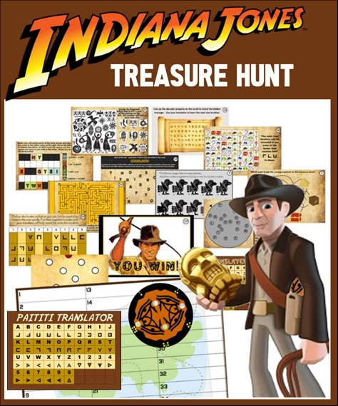 Printable Indiana Jones Treasure Hunt Party Game! Indiana Jones Treasure Hunt, Treasure Hunt Party, Jumanji Party Games, Indiana Jones Escape Room, Indiana Jones Scavenger Hunt, Indiana Jones Birthday Party Games, Indian Jones Party, Indiana Jones Activities, Indiana Jones Party Games