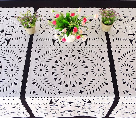 White Table Runners, Mexican Wedding Decorations, Mexican Fiesta Decorations, Mexican Papel Picado, Fiesta Table, Mexican Table Runner, Mexican Themed Weddings, Runners Table, Mexican Party Decorations