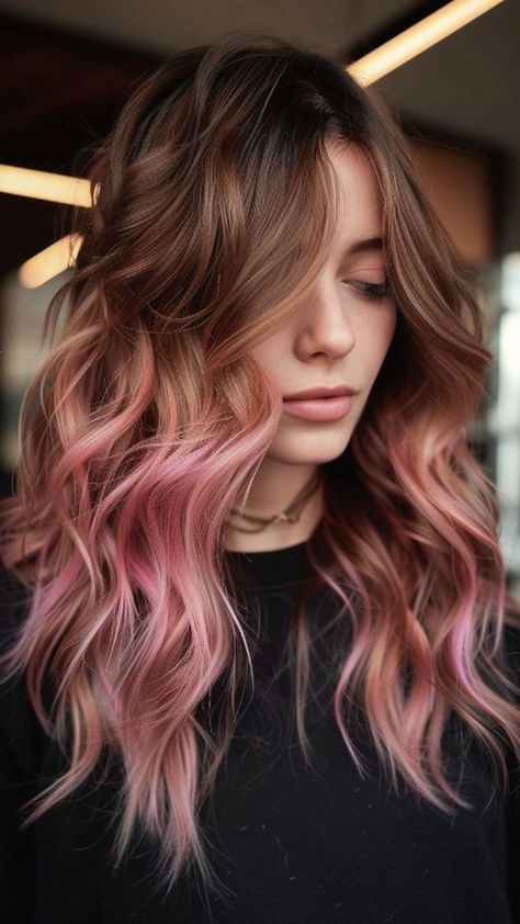 25 Must-Try Rose Gold Hair Colors for a Fresh New Look | Lookosm Subtle Pink Balayage, Rose Gold Hair Ombre Balayage, Pink Ombre Hair Blonde, Brown To Pink Ombre Hair, Styles For Dark Hair, Rose Gold Balayage Brunettes, Pink Balayage Brunette, Classic Balayage, Rose Gold Ombre Hair