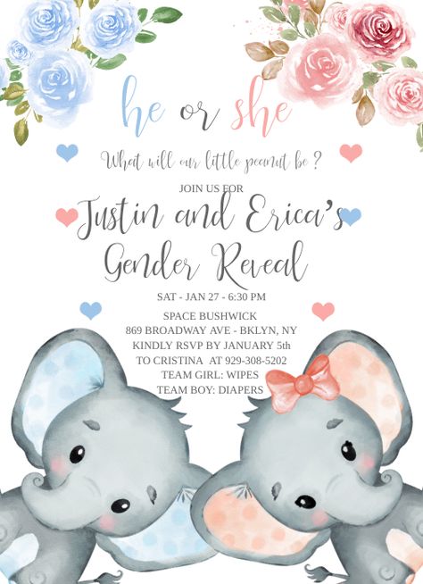 Elephant Gender Reveal Party, Elephant Gender Reveal, Gender Reveal Party Theme, Gender Reveal Themes, Gender Reveal Ideas, Shower Balloons, Gender Reveal Party Invitations, Gender Reveal Invitations, Baby Gender Reveal