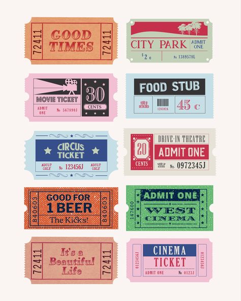 Admit One Ticket Aesthetic, Movie Theater Graphic Design, Retro Ticket Design, Cute Ticket Design, Hollywood Graphic Design, Ticket Template Aesthetic, Ticket Reference, Movie Ticket Aesthetic, Ticket Scrapbook