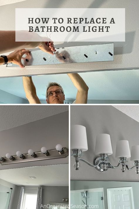 A man removing a light fixture from bathroom wall and two types of bathroom light fixtures. Diy Vanity Lights, Replace Light Fixture, Bathroom Wall Light Fixtures, Light Fixture Covers, Diy Bathroom Makeover, Diy House Renovations, Bathroom Light, Diy Home Repair, Bathroom Light Fixtures