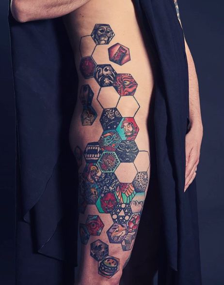 Forearm Cover Up Tattoos, Hexagon Tattoo, Honeycomb Tattoo, Rare Tattoos, Cyberpunk Tattoo, Stone Tattoo, Tattoo Filler, Galaxy Tattoo, Different Artists