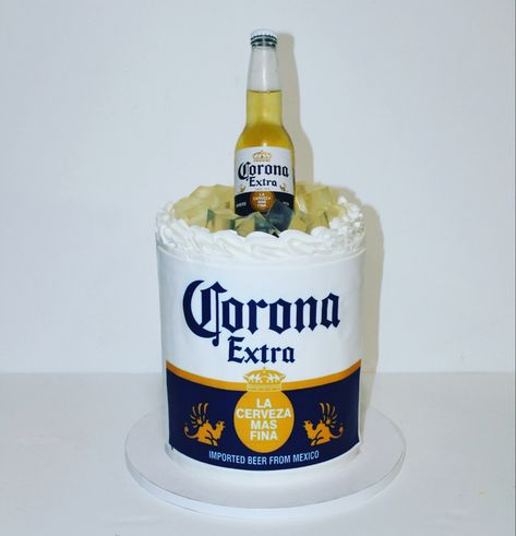 Corona 8 inch 4 layer marble cake with ferrer rocher filling and buttercream frosting corona edible image and beer bottle as a topper Beer Bucket Cake, Beer Themed Cake, Beer Bottle Cake, 21st Birthday Cake For Guys, Brownies Decorados, Birthday Beer Cake, Bottle Cake, 21st Birthday Cakes, Beer Cake