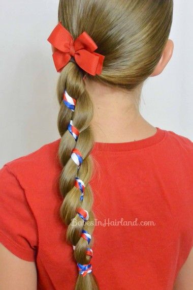 Ribbon Braid in a 4 Strand Braid from BabesInHairland.com #4thofjuly #july4th #redwhiteandblue #ribbon #braid #4strandbraid Hairstyle Ribbon, 4 Strand Braid, Four Strand Braids, 4 Strand Braids, Gymnastics Hair, Ribbon Braids, Strand Braid, Ribbon Hairstyle, Braid Tutorial