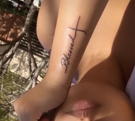 Blessed Behind Ear Tattoo, Blessed Cross Tattoo, God Speed Tattoo, Godspeed Tattoo, Blessed Tattoos, Tats Ideas, God Speed, Meaningful Tattoo Quotes, Meaningful Tattoo