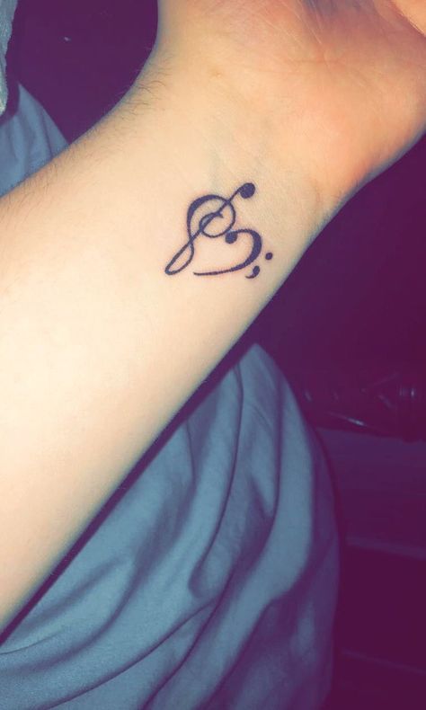 Wrist Music Tattoos, Semi-colon Tattoo With Music Note, Music Note And Semicolon Tattoo, Bass Clef Semi Colon Tattoo, Tattoo Ideas Unique Semicolon, Music And Semicolon Tattoo, Music Note Semi-colon Tattoo, Musical Semicolon, Music Semicolon Tattoo