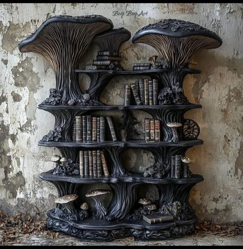 Mushroom Library, Gothic Mushroom, Dnd Room, Dark Cottagecore Decor, Goth Kitchen, Dream Bedroom Inspiration, Mushroom Crafts, Library Room, Dark Cottagecore