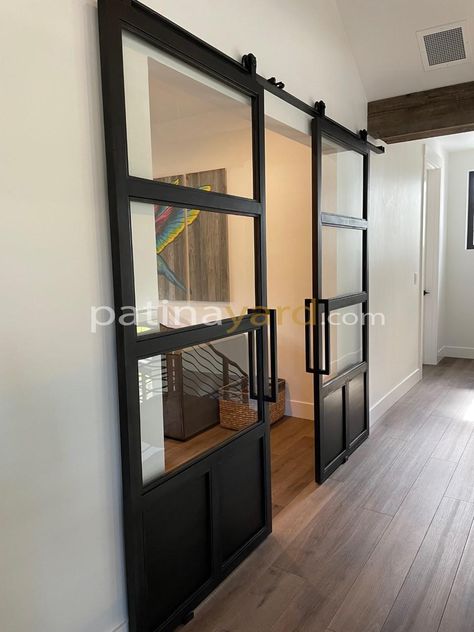 Modern Barn Door For Office, Modern Glass Barn Doors, Black Sliding Glass Door Exterior, Double Barn Door With Windows, Barn Double Doors, Sliding Dutch Door, Industrial Barn Doors, Home Gym Doors, Black Glass Barn Door