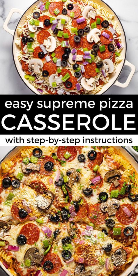 With fewer than 10 ingredients (not including your favorite pizza toppings) this pizza casserole comes together for a delicious twist on a classic comfort food that everyone will love. In just 45 minutes, this supreme pizza casserole - loaded with melty cheese and warm marinara on an al dente noodle crust - is ready to hit the dinner table! Supreme Pizza Casserole, Wednesday Dinner, Pizza Pasta Casserole, Supreme Pizza, Italian Dinner Recipes, Pizza Casserole, Melty Cheese, Easy Family Dinners, Family Dinner Recipes