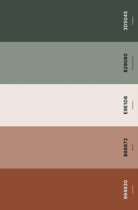 Explore a harmonious blend of sage green and rust with this captivating color palette. Featuring the rich tones of Chestnut (Hex #994930) and Beaver (Hex #B88672), complemented by the soft elegance of Alabaster (Hex #E9E1D8). Add depth with the muted hues of Battleship Gray (Hex #829080) and Feldgrau (Hex #3D5045). Perfect for creating a warm and inviting atmosphere. Colors That Go With Sage Green Bedding, Emerald And Sage Color Palette, Sage Green Brown Color Palette, Cabincore Color Palette, Sage Green Rooms Color Scheme, Sage And Olive Green Color Palette, Khaki Green Color Palette, Gray Green Brown Color Palette, Color Palette With Forest Green