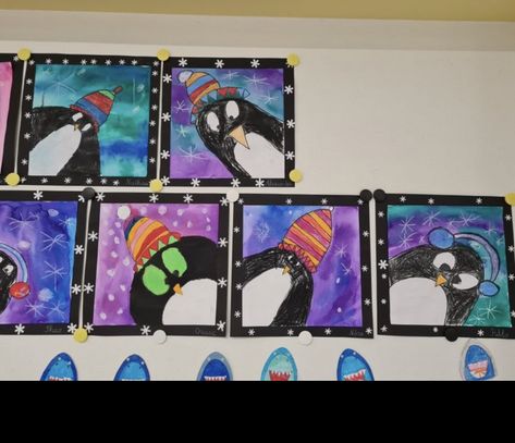 Kindergarten Penguin Art, Christmas Art For Kids, Winter Art Lesson, First Grade Art, Kindergarten Art Lessons, Christmas Art Projects, Kindergarten Art Projects, Winter Projects, 2nd Grade Art