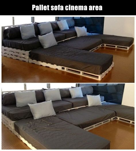 Making pallets into a cinema area gives you more square feet of cushion than chairs ever could and lets guests recline. Pallet Sofa, Home Theater Rooms, Home Theater Design, Theatre Room, Theater Room, Theater Seating, Home Theater Seating, Home Cinema, Movie Room