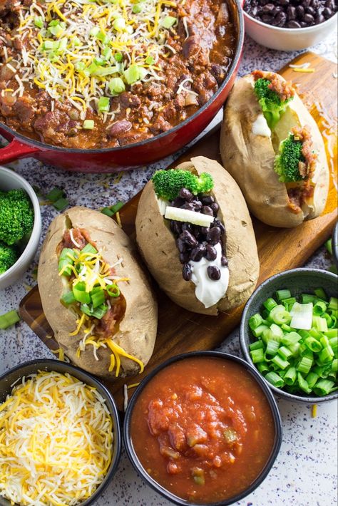 Baked Potato Bar Ideas - Entertaining On A Budget! - Dishing Delish Baked Potato Bar Ideas, Potato Bar Ideas, Potato Bar Toppings, Party Food For A Crowd, Baked Potato Toppings, Baked Potato Bar, Best Baked Potato, Potato Bar, Potato Dinner