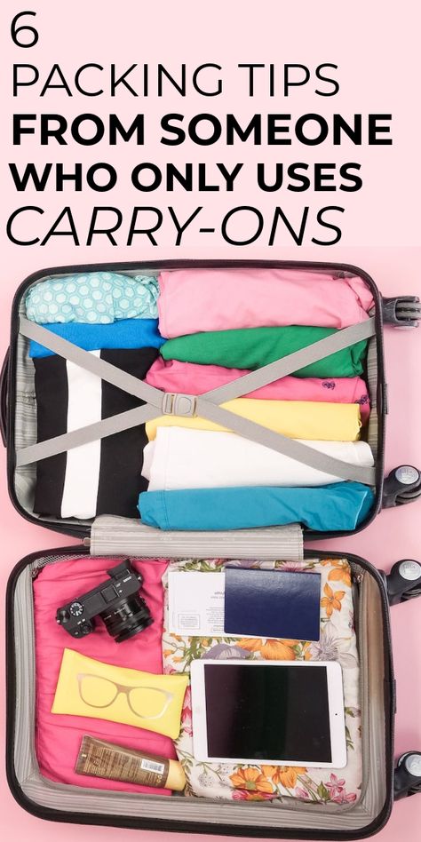 Single pin image for packing travel tips. Pink background with an open fully packed carry-on suitcase with colorful clothing. At the top is a black font title that reads, "6 Packing Tips from Someone Who Only Uses Carry-Ons." Diy Travel Hacks, Weekend Trip Packing, Suitcase Packing Tips, One Suitcase, Carry On Packing Tips, Travel Packing Checklist, Packing Bags Travel, Travel Prep, Pack A Suitcase