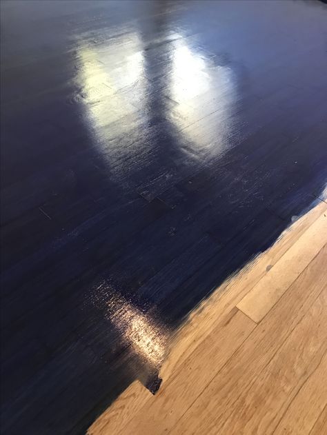 Luke's floors -Minwax tinted stain in a navy blue. Blue Hardwood Floors, Blue Wood Flooring, Navy Wood Stain, Dark Blue Painted Floor, Navy Painted Floors, Blue Stained Wood Floors, Wood Floors Painted Black, Dark Blue Stained Wood, Blue Wood Stain