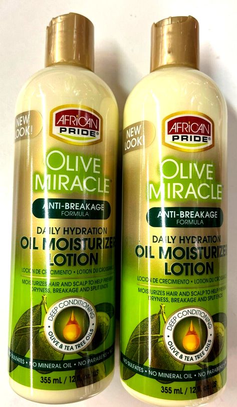 African Pride Olive Miracle  Daily Hydration Oil Moisturizer Lotion 12 oz -2PACK Product Description: Moisturizes Hair and Scalp to Help Prevent Dryness Breakage and Split Ends. Deep Conditoning Olive & Tea Tree Oils No sulfates / No Mineral Oil / No Parabens / No Glutens Repairs Dry, Damaged Hair. Shipping and Handling We usually ship the same day the order is placed as long as it is before 2:00PM (PDT).As your business is greatly appreciated, we take the highest degree of care in making sure y 4c Hair Moisturizer Products, Hair Lotion For Natural Hair, Olive Miracle, Hair Moisturizer, Hair Repair Treatments, Low Porosity Hair Products, Hair Lotion, Braided Cornrow Hairstyles, Pelo Afro