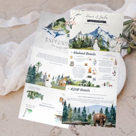 Camping Wedding Invitations, Itinerary Invitation, Bachelor Party Invitations, Rustic Mountain Wedding, Custom Wedding Map, Bachelorette Weekend Itinerary, Wedding Invitation Templates Rustic, Illustrated Wedding Invitations, Mountain Camping