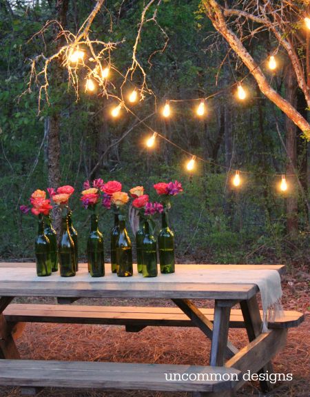 Easy Outdoor Lighting Ideas... Light the Way to a Gorgeous Party! Glass Bottle Diy Projects, Backyard Bbq Party, Wine Bottle Centerpieces, Bottle Centerpieces, Outdoor Party Lighting, 50th Bday, Patio String Lights, Glass Bottle Diy, Wine Party