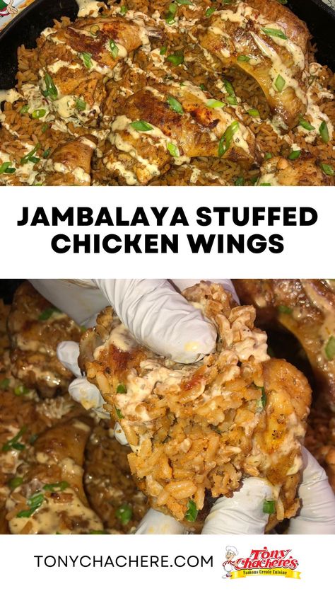 Bring the bayou to your dinner table with these mouth-watering jambalaya-stuffed chicken wings. Stuffed Wings Chicken, Stuffed Chicken Wings Recipe, Stuffed Chicken Wings, Shrimp Jambalaya, Copycat Food, Cajun Rice, Savory Dips, Gullah Geechee, Cajun Dishes