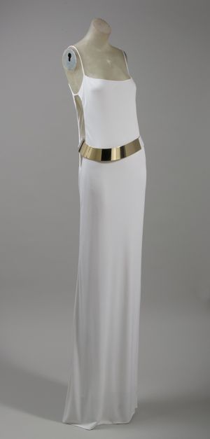 Evening dress and belt, 1996  Tom Ford  for Gucci   White rayon jersey; white self-covering with brass buckle Looks Party, 2019 Fashion, Steam Punk, Gorgeous Gowns, Mode Vintage, Beautiful Gowns, Metropolitan Museum Of Art, Fashion History, Metropolitan Museum