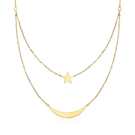 by Ross-Simons Italian 14kt Yellow Gold Moon and Star Layered Necklace. 16 inches Gold necklace set Goodbye Poem, Gold Necklace Set, Gold Moon, Natural Gold, Moon And Star, Layered Necklace, Fine Jewellery Necklace, Dainty Necklace, Strand Necklace