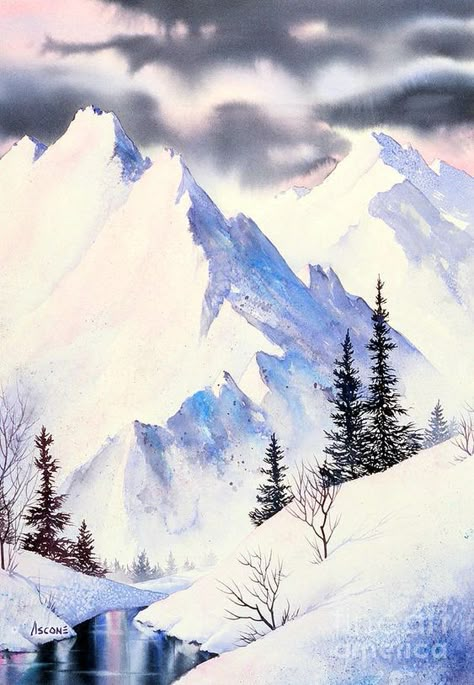 Painting Winter, Canvas For Beginners, Winter Watercolor, Easy Canvas Painting, Colour Painting, Watercolor Mountains, Winter Painting, 수채화 그림, Watercolor Landscape Paintings