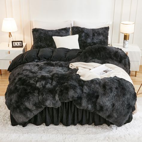 PRICES MAY VARY. 【Ultra-soft Fabric】: The front of the king size comforter set Tie-Dyed black grey is made of 100% microfiber plush shaggy , and the back is ultra soft crystal velvet fabric. The soft material add a touch of graceful color to your room and also offers the best warmth and comfortable breathability. 【Fluffy Look】: Delicate and dreamy, Andency faux fur comforter king size with fluffy texture pairs simple hues with a modern twist, instantly refreshing any bedroom or sofa. Chic pillow Down Comforter Bedding, Black Comforter Sets, Plush Comforter, Black Bed Set, Faux Fur Bedding, Fur Comforter, Velvet Bedding, Plush Bedding, Fluffy Comforter