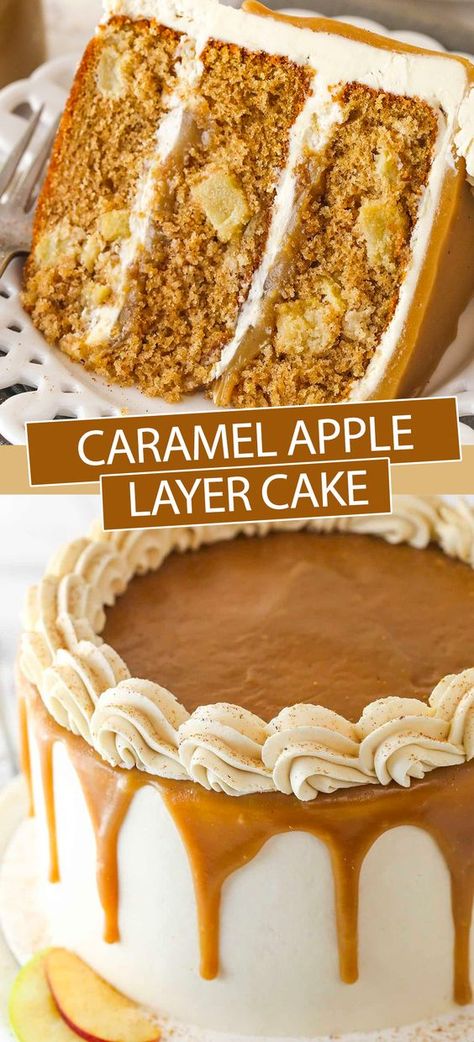 This Caramel Apple Layer Cake is made with layers of spiced cake that’s loaded with apples, a thick caramel filling and creamy caramel buttercream. It’s insanely delicious and perfect for fall! Caramel Cream Cheese Icing, Apple And Caramel Cake, Caramel Apple Birthday Cake, Caramel Apple Layer Cake, Caramel Drizzle For Cake, Apple Layer Cake Recipe, Best Fall Cake Recipes, Apple Cake With Caramel Frosting, Fall Layer Cake