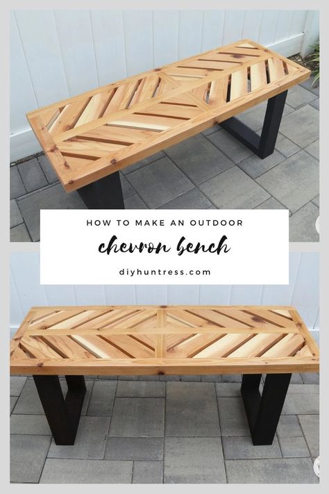 Build a DIY chevron pattern bench for your porch or patio with this tutorial and woodworking plans! Diy Huntress, Chevron Diy, Cedar Bench, Diy Wood Bench, Chevron Table, Bench Diy, Thrift Store Crafts, Diy Bench, Diy Furniture Projects