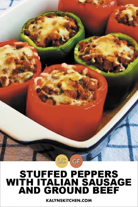 Anyone who likes stuffed peppers will enjoy these cheesy low-carb Stuffed Peppers with Italian Sausage and Ground Beef! This is a favorite stuffed pepper recipe that I've been making for years! [found on KalynsKitchen.com] #LowCarbStuffedPeppers #StuffedPeppers #LowCarbRecipe Stuffed Peppers With Italian Sausage, Stuffed Bell Peppers Ground Beef, Stuffed Pepper Recipe, Low Carb Stuffed Peppers, Turkey Italian Sausage, Stuffed Peppers Beef, Keto Stuffed Peppers, Pepper Recipe, Keto Beef Recipes