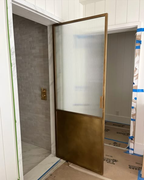 Grid Shower Door, Brass Shower Door, Glass Bathroom Door, Sliding Shower Screens, Glass Door Bathroom, Shower Door Designs, Bathroom Shower Doors, Master Bath Renovation, Framed Shower Door