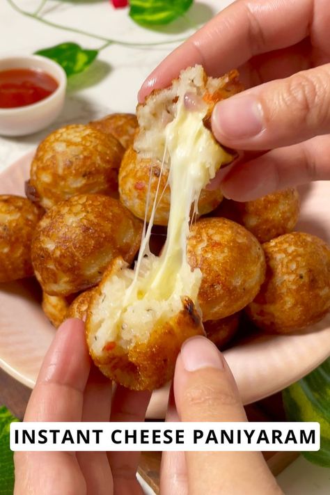 Instant Cheese Paniyaram Recipe Rava Appe, Appe Recipe, Evening Snacks Indian, Paniyaram Recipes, Vegetarian Snacks Recipes, Cheese Curds, Vegetarian Snacks, Pan Recipes, Evening Snacks