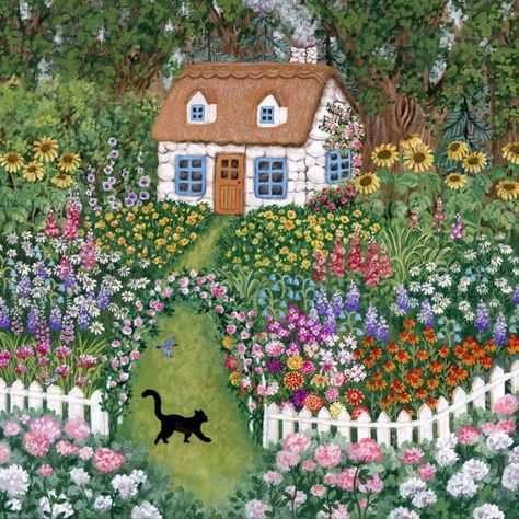 Naive Painting Landscapes Folk Art, Cozy Illustration Art, Vintage Spring Aesthetic, Cottage In The Forest, Acryla Gouache, Cute Cottagecore, Wallpaper Illustration, Storybook Art, Art Mignon