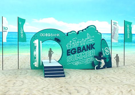 EG BANK Beach Branding on Behance Event Entrance Design, Beach Branding, Work Event Ideas, Creative Booths, Event Booth Design, Bank Branding, Concert Stage Design, Event Booth, Photo Zone