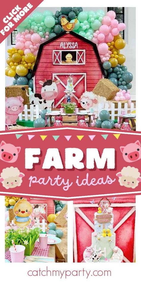 Don't miss this cute farm-themed birthday party! The party decorations are wonderful! See more party ideas and share yours at CatchMyParty.com Farm Party Ideas, Farm Themed Party, Barnyard Birthday Party, Farm Theme Birthday, Farm Animal Party, Farm Animals Birthday Party, Farm Themed Birthday Party, Girls Birthday Party Themes, Boy Birthday Party Themes