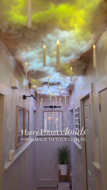 Shavonne • diy + design on Instagram: "The Viral Harry Potter Cloud Ceiling, without using staples and nails! ⚡️ We are in love with this magical vibe! 😍 What do you think? ✨ Follow Once Upon a Bungalow for more Home & DIY! #harrypotter #harrypottertiktok #cloud #cloudceiling #cloudceilingtutorial #tutorial #diycloud #clouds #hogwarts #halloween #halloweencrafts #halloweendecor #halloweendecorations #pumpkinseason #hogwartslegacy #hogwartsismyhome #hogwartsprofessors #gryffindor #slytherin #hufflepuff #ravenclaw #harrypotterhouses #crafty #crafts #diyproject" Harry Potter Themed Outdoor Decorations, Decorate House Like Hogwarts, Harry Potter Hallway Decor, Hogwarts Great Hall Ceiling, Hogwarts Aesthetic Gryffindor Bedroom, Forbidden Forest Harry Potter Aesthetic, Harry Potter Night Sky Ceiling, Harry Potter Enchanted Ceiling, Hufflepuff Themed Bedroom