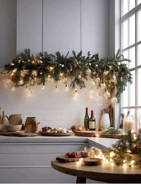 Christmas Decor Over Cabinets, Kitchen Light Christmas Decor, Christmas Garland In Kitchen, Merry Christmas Home Decor, Christmas In The Kitchen Decor, Christmas Decor Modern House, Kitchen Decor Christmas Ideas, Christmas Decor Ideas For Bakery, Green Kitchen Christmas Decor