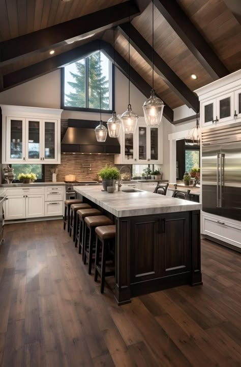 Modern Farmhouse Kitchens Dark Floors, Farmhouse Mansion Kitchen, Dark Modern Farmhouse Kitchen, Barndominium Kitchen Ideas, Kitchen Island Decor, Dream Kitchens Design, New House - Kitchen, Dream Kitchens, Kitchen Inspiration Design