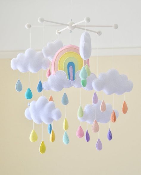 Rainbow mobile cloud nursery mobile rainbow cot mobile | Etsy Rain Nursery, Baby Room Boy, Cloud Mobile Nursery, Nursery Pastel, Cloud Nursery Decor, Cloud Nursery, Rainbow Mobile, Diy Baby Mobile